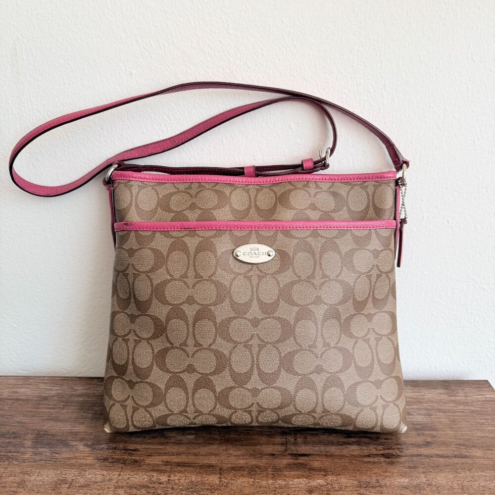 Coach Signature File Crossbody Bag Khaki Pink Canvas Leather Trim Adjustable